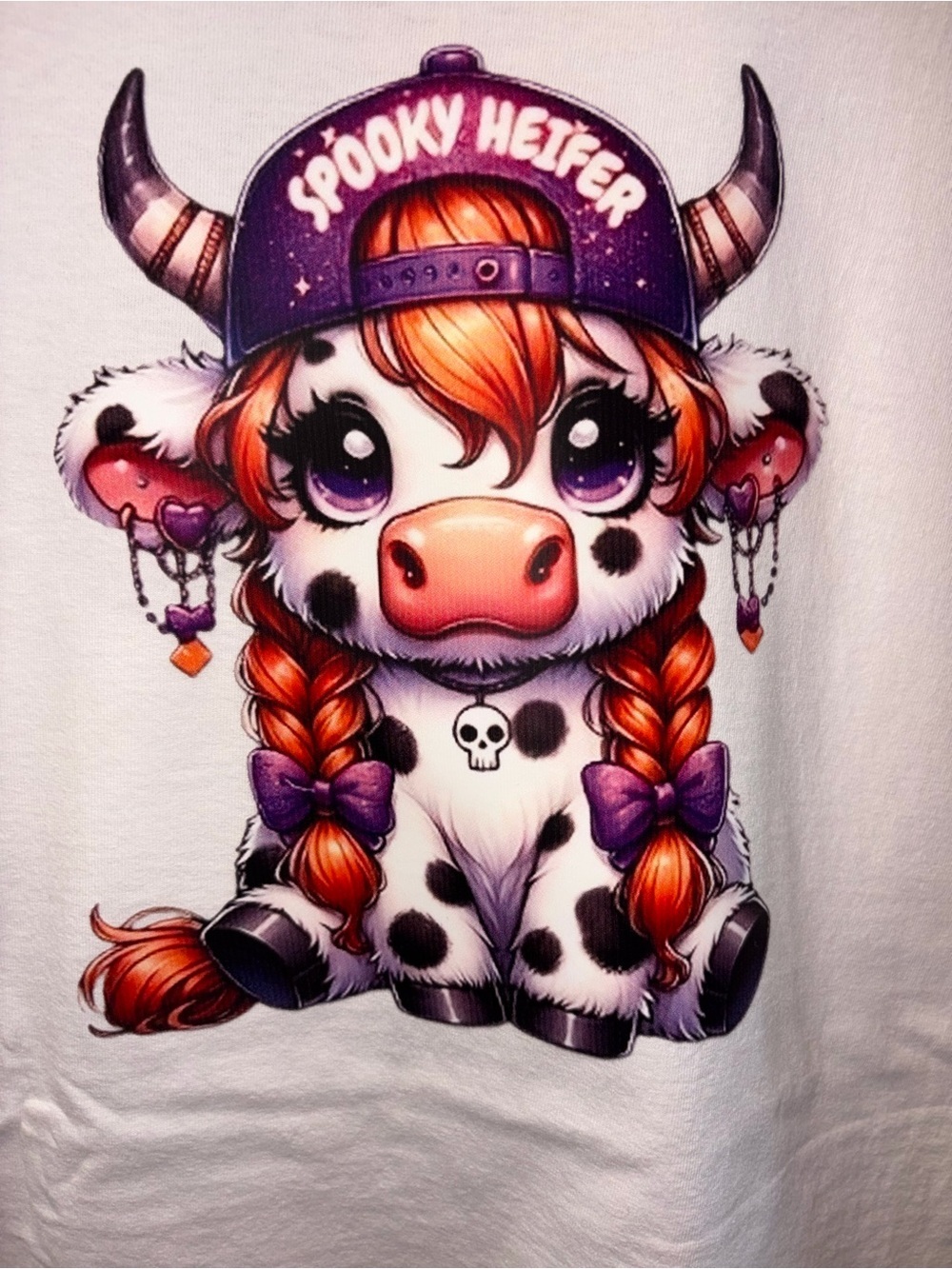Port and Company White Tee with Orange & Purple Spooky Heifer Graphic - Picture 4 of 4